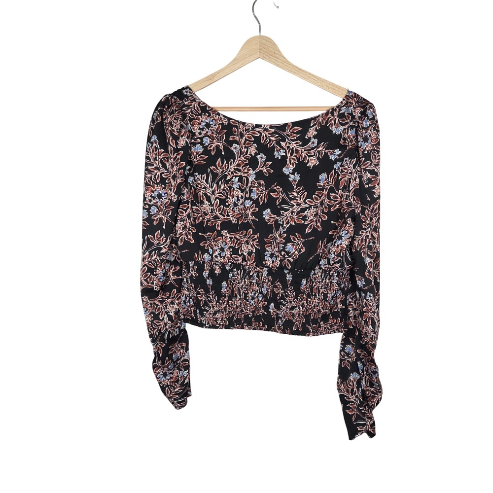 Free People Dark Floral Smocked Crop Top Square Neck Balloon Sleeve Women's L - Picture 2 of 7
